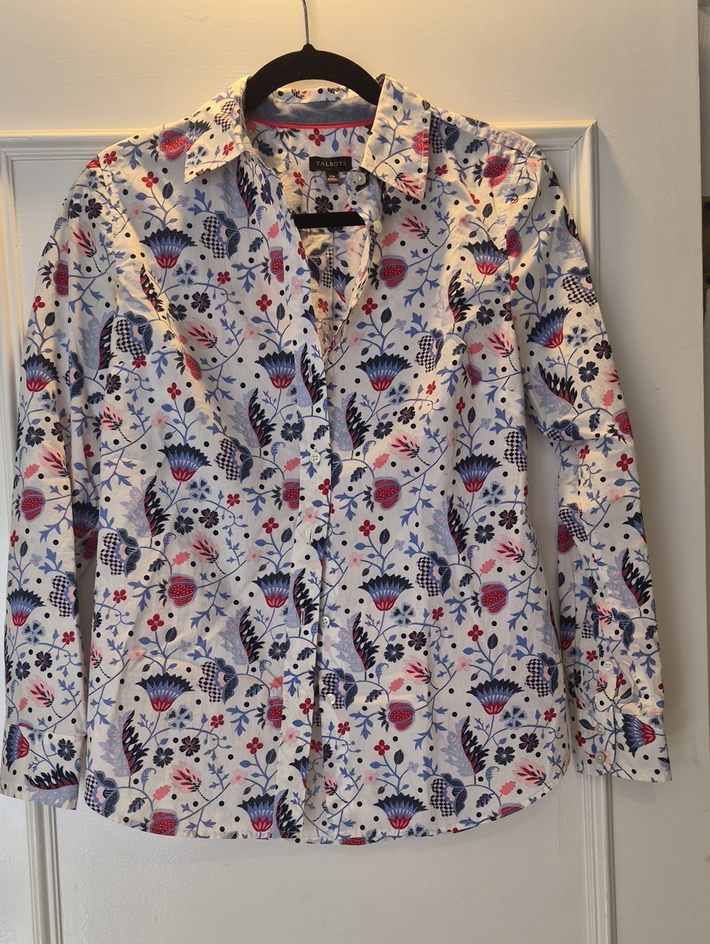 Talbots White Button-Down Shirt with Blue and Pink Floral Print